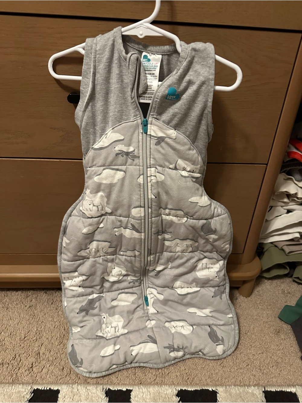 Love to Dream Grey Polar Bear Print Sleep Sack with Teal Zipper Accents